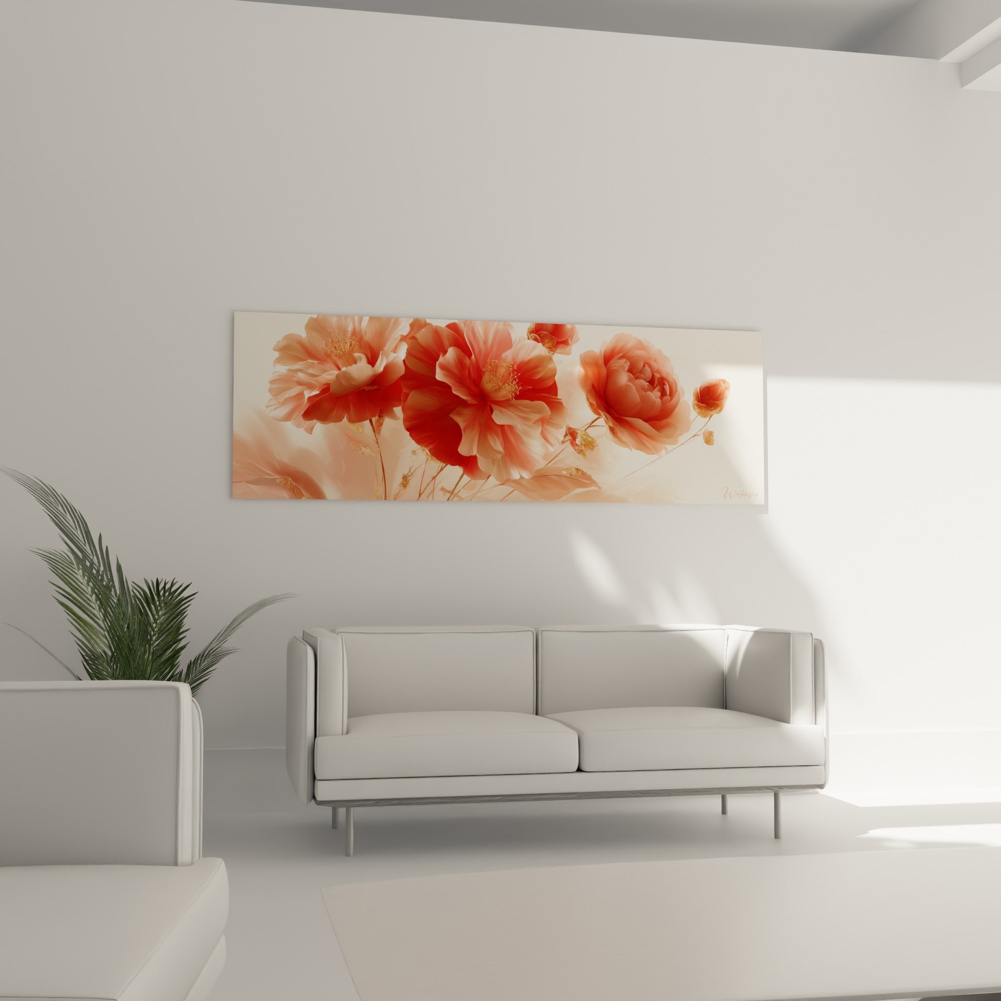 Pétales de camélia rouge corail et rose, cœurs dorés scintillants, disposés au-dessus d'un canapé dans un salon lumineux