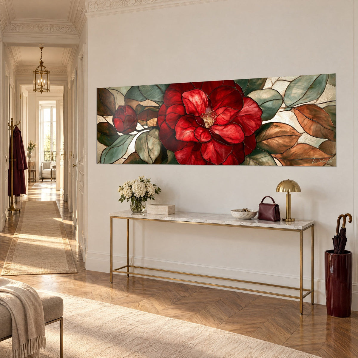 Wall art with a large purple bloom outlined in lead, verdigris and russet foliage, gilded console in a Haussmann-style hallway
