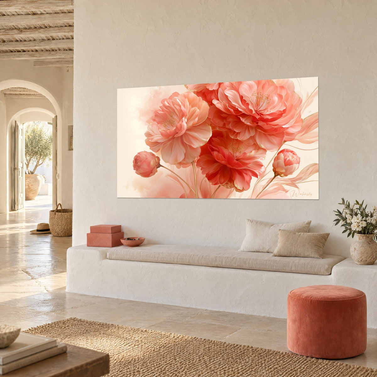 Tableau grandes fleurs froissées rose pêche et rouge vif, tiges cuivrées fines, sur mur blanc chaulé près d'une banquette