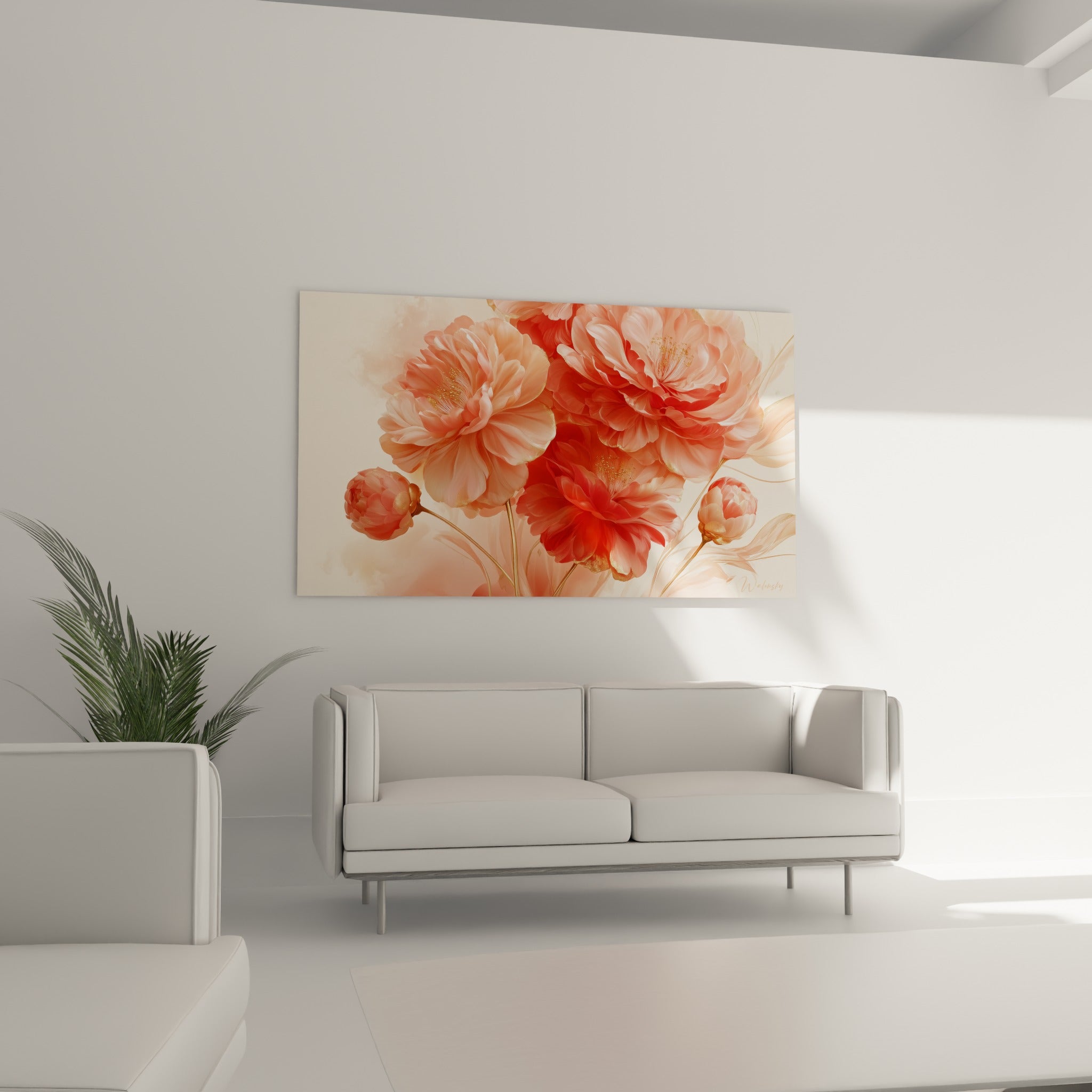 Fleurs de camélia aux teintes corail et dorées suspendues au-dessus d'un canapé dans un salon lumineux