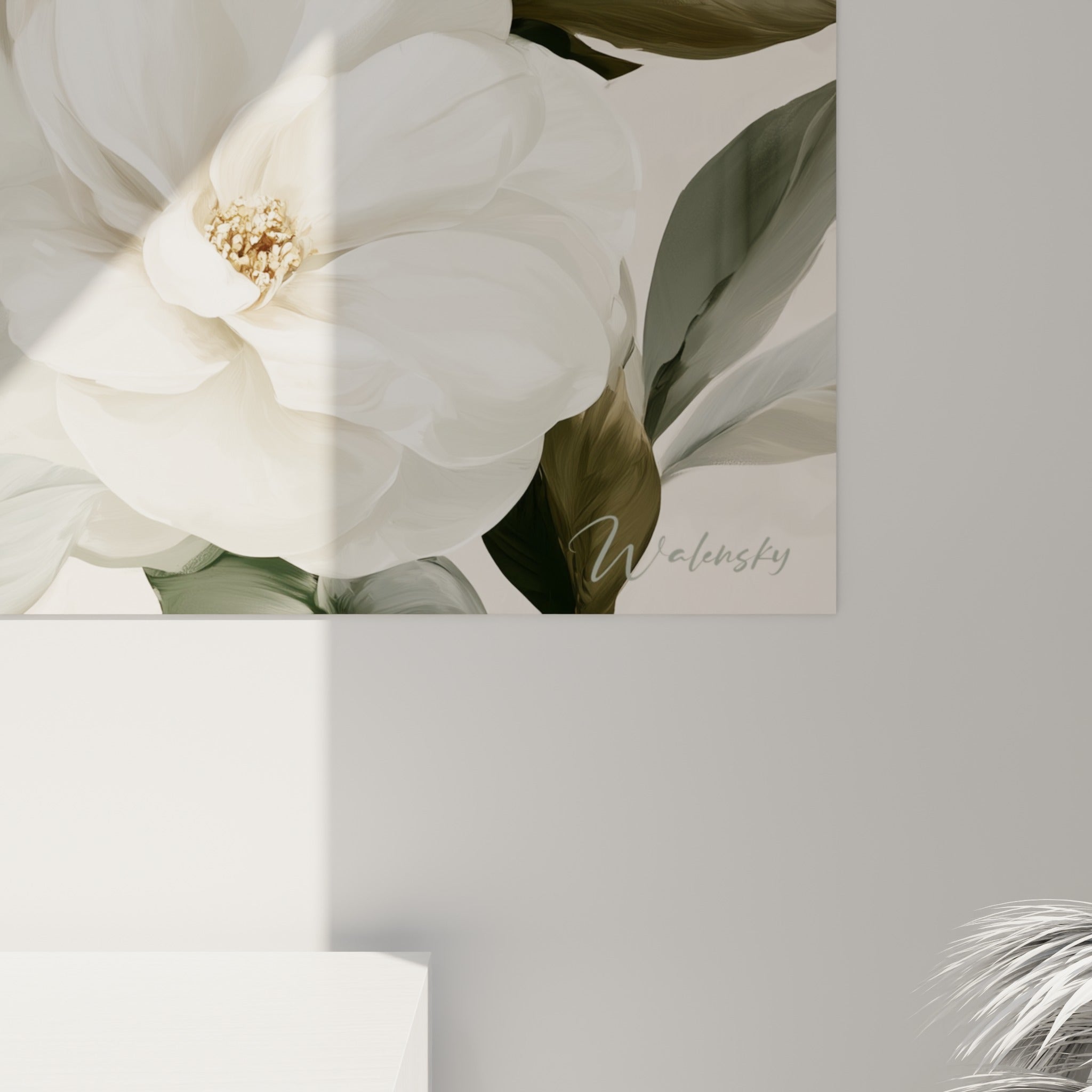 Pétales ivoire et nuances beige des camélias révélant la texture aquarelle et le grain de l'impression