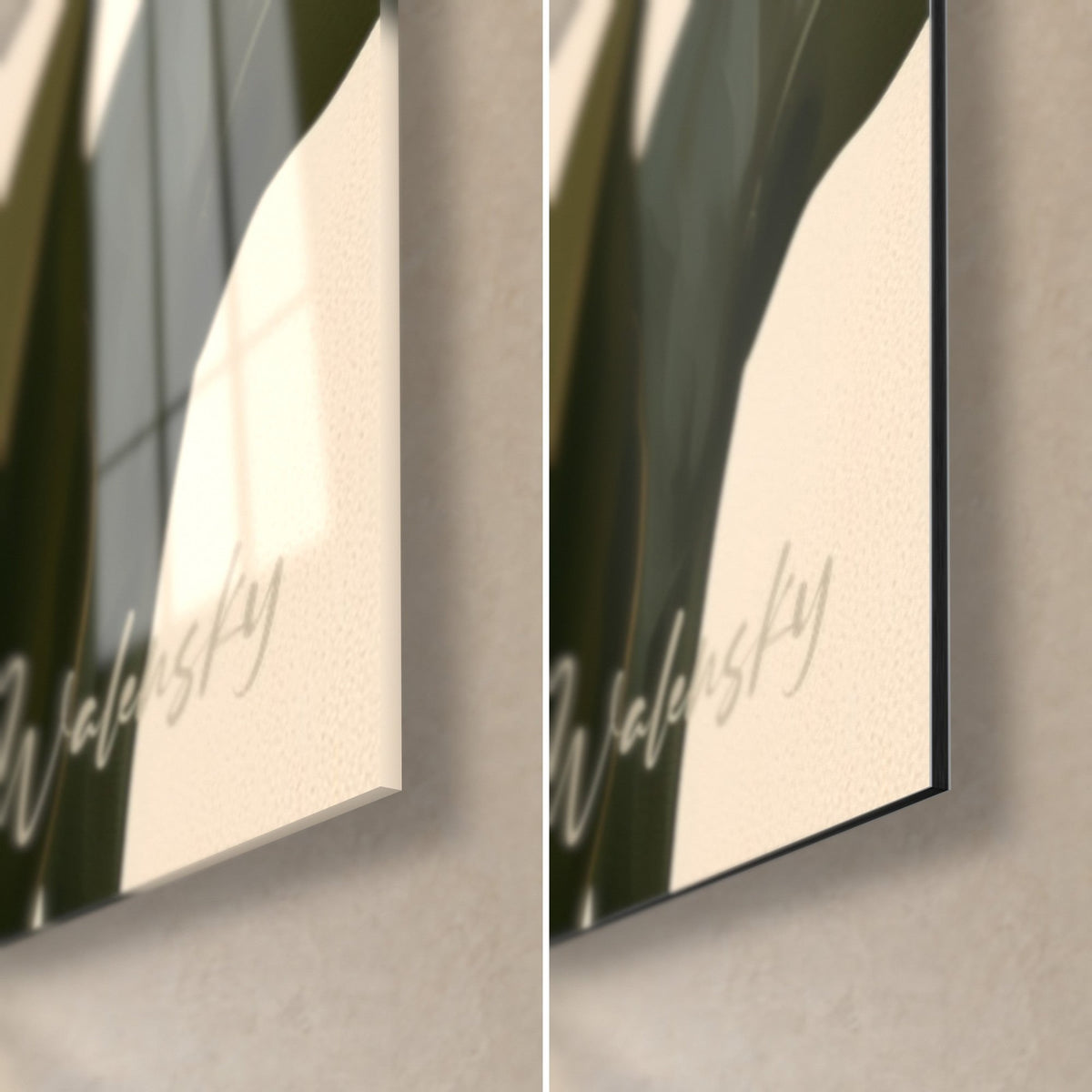Wall art Ivory camellia, bottom right corner: glossy acrylic glass with reflections, matte beige Dibond aluminium, 3 mm edge, signature