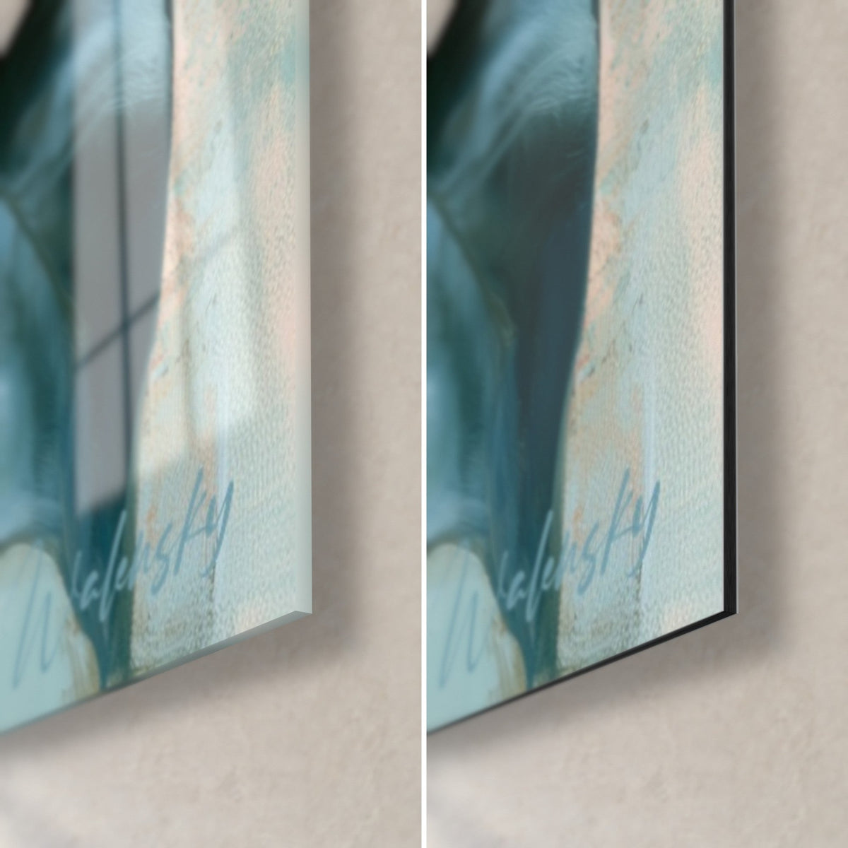 Gemälde mit rosa Kamelie, untere rechte Ecke: glänzendes Acrylglas links, mattschwarzes Dibond-Aluminium rechts, 3 mm Kante