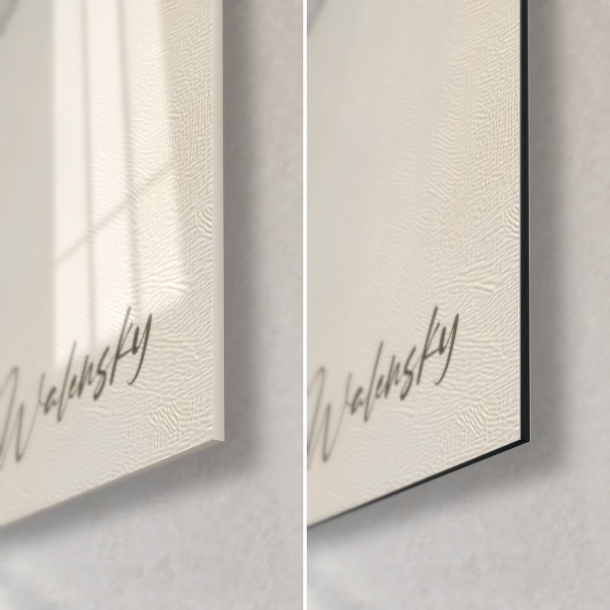 Wall art of a white camellia, bottom right corner: glossy acrylic glass with reflections on the left, matte black Dibond aluminum on the right, 3 mm edge