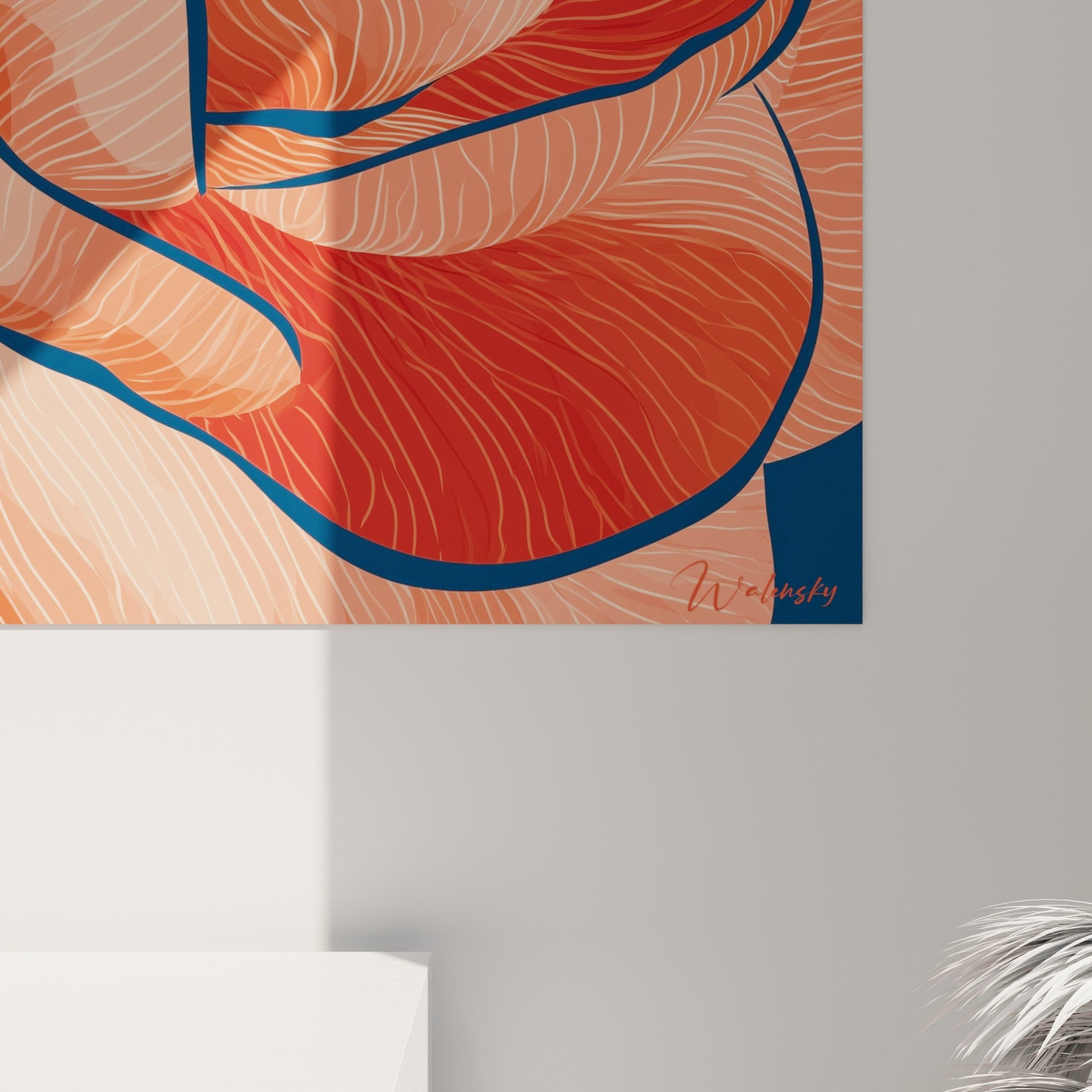 Empâtements graphiques du camélia révélant les nuances corail, rouge brique et traits bleu marine du pétale