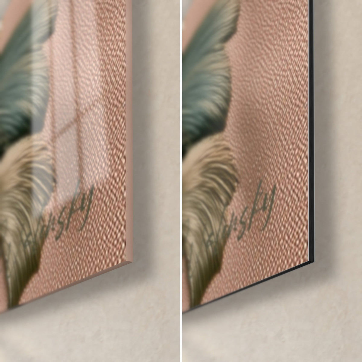 Wall art ivory flower with dark green leaves on pink background, bottom right corner: glossy acrylic glass on the left, matte Dibond aluminium on the right