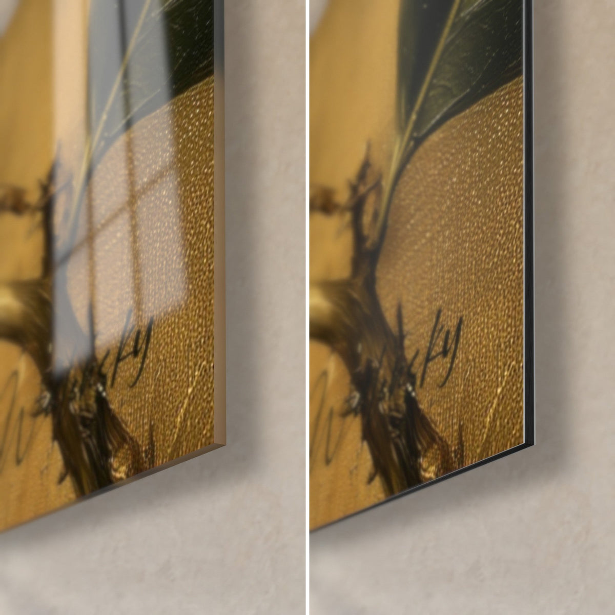 Wall art pink-red thorny bloom, bottom right corner: glossy glass on the left, matte black Dibond on the right, 3 mm edge