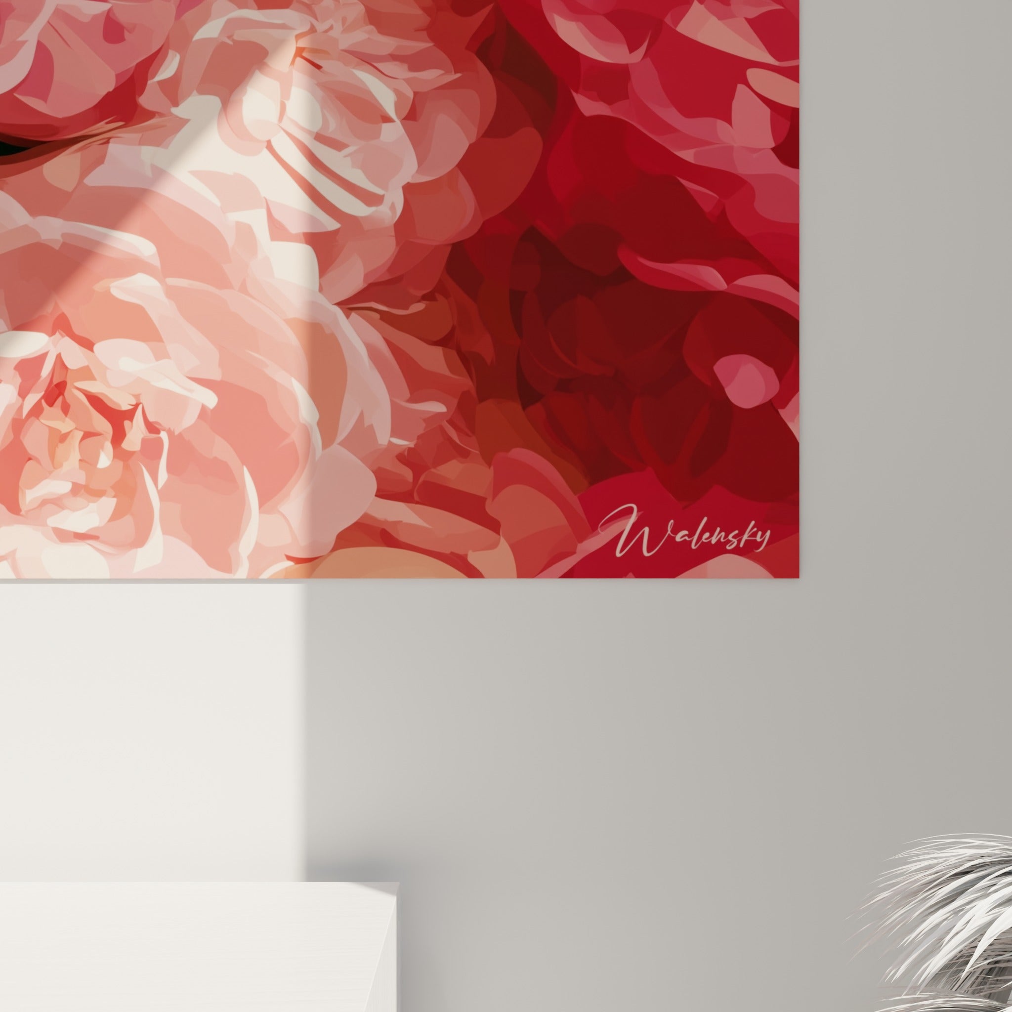 Empâtements et dégradés de rose et corail visibles de près sur la toile du tableau Camélia