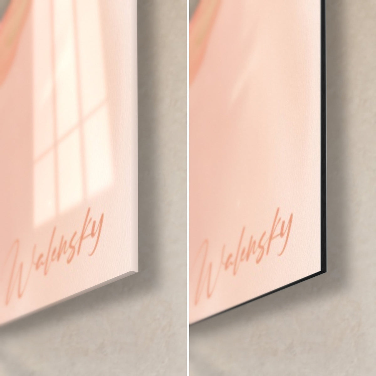 Tableau fleurs corail et pêche, signature Walensky, coin bas droit en verre brillant à reflets et Dibond noir mat, tranche 3 mm