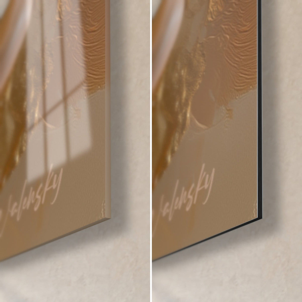 Tableau camélia rose poudré, coin bas droit : verre acrylique brillant à gauche, alu Dibond mat beige à droite, tranche de 3 mm