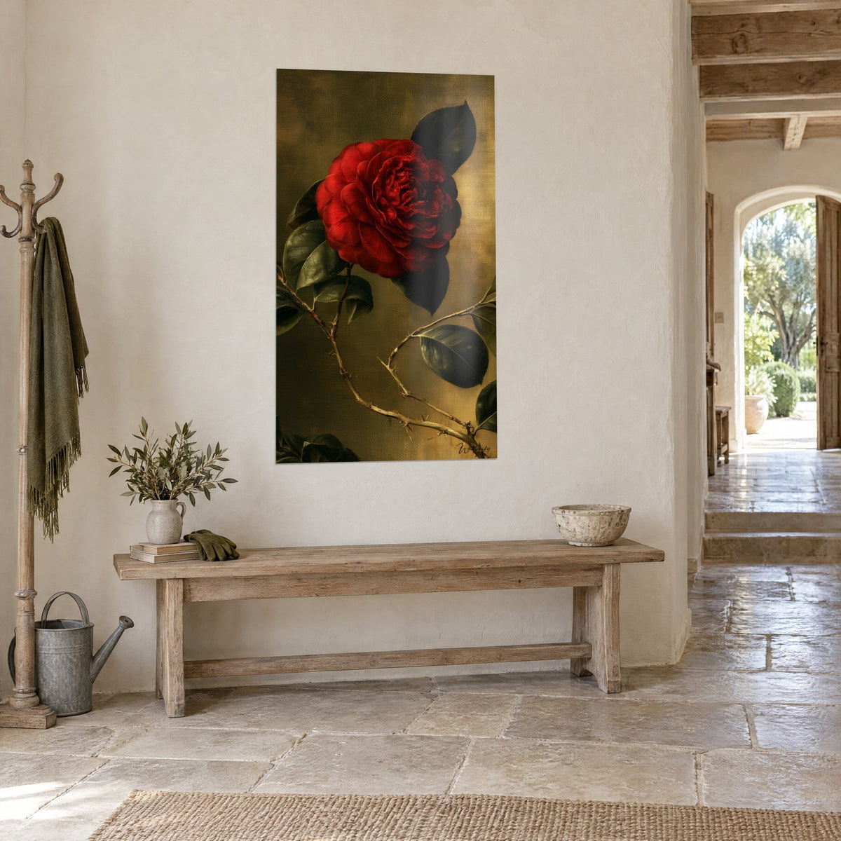 Wall art blood-red flower and brown thorny stems on a golden background, rendered wall, wooden bench and archway to the garden