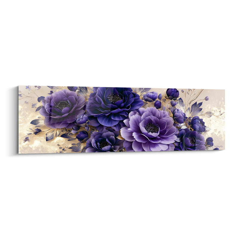 Tableau Camélias violet et indigo aux étamines noires - Bouquet panoramique doré - Edition Camélia