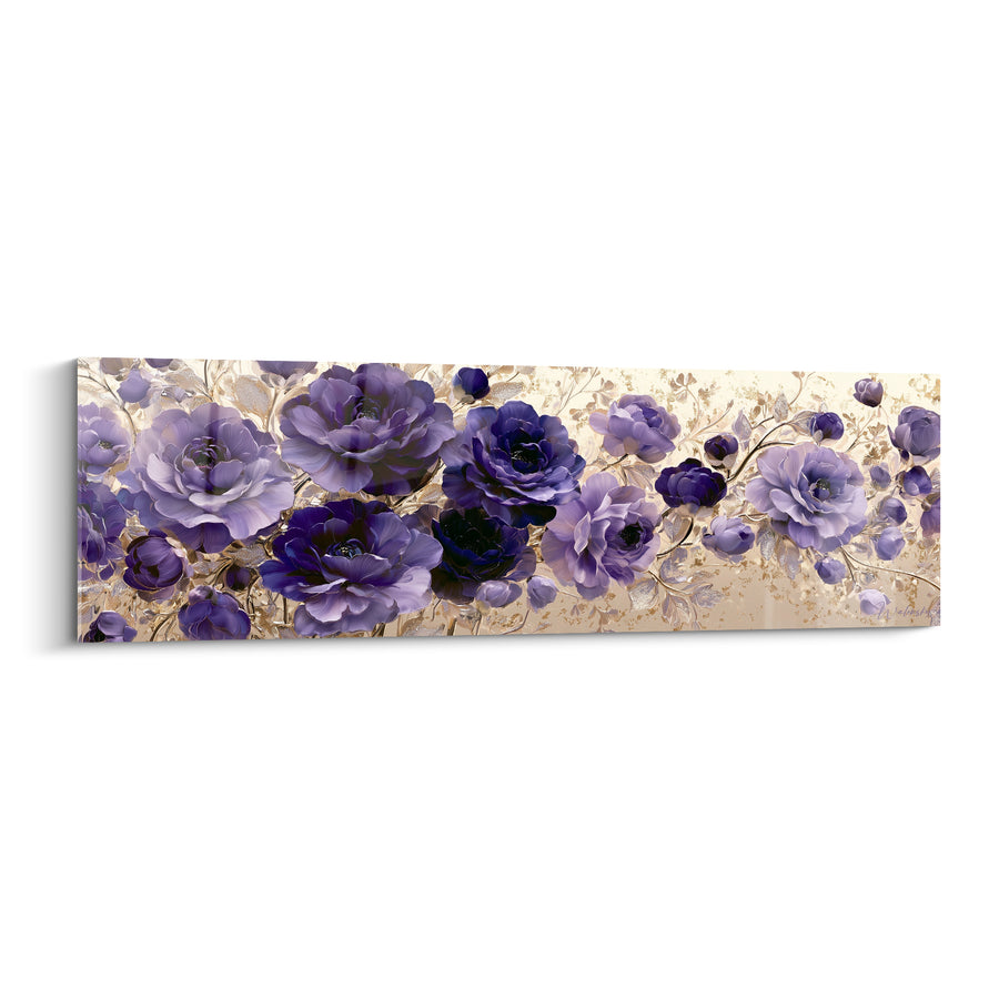 Tableau Camélias violets et ivoire en frise horizontale - Rameau doré étiré - Edition Camélia