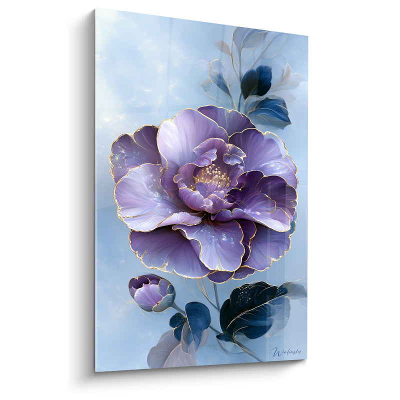 Tableau Camélia violet et bleu près d'un bourgeon fermé - Fond bleu pâle nacré - Edition Camélia