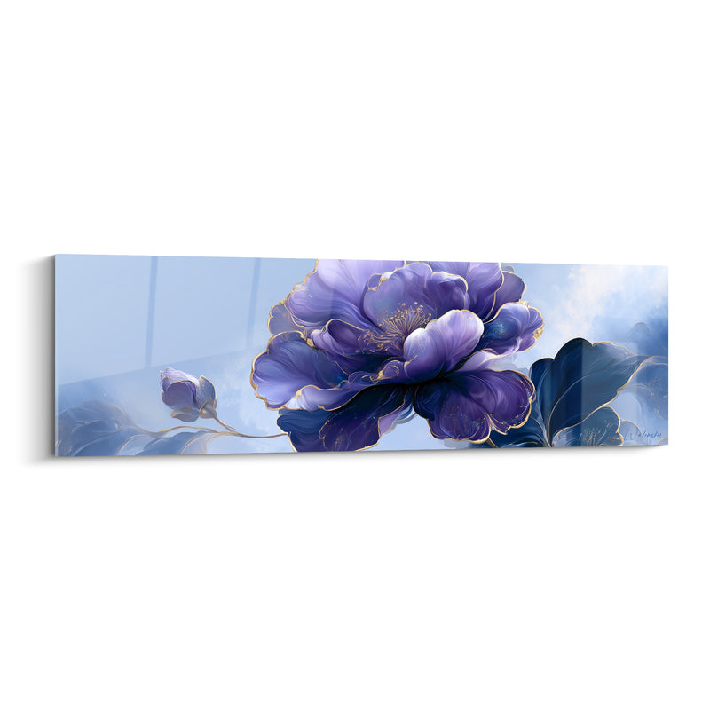 Tableau Camélia violet et bleu près d'un bourgeon fermé - Contours dorés lumineux - Edition Camélia