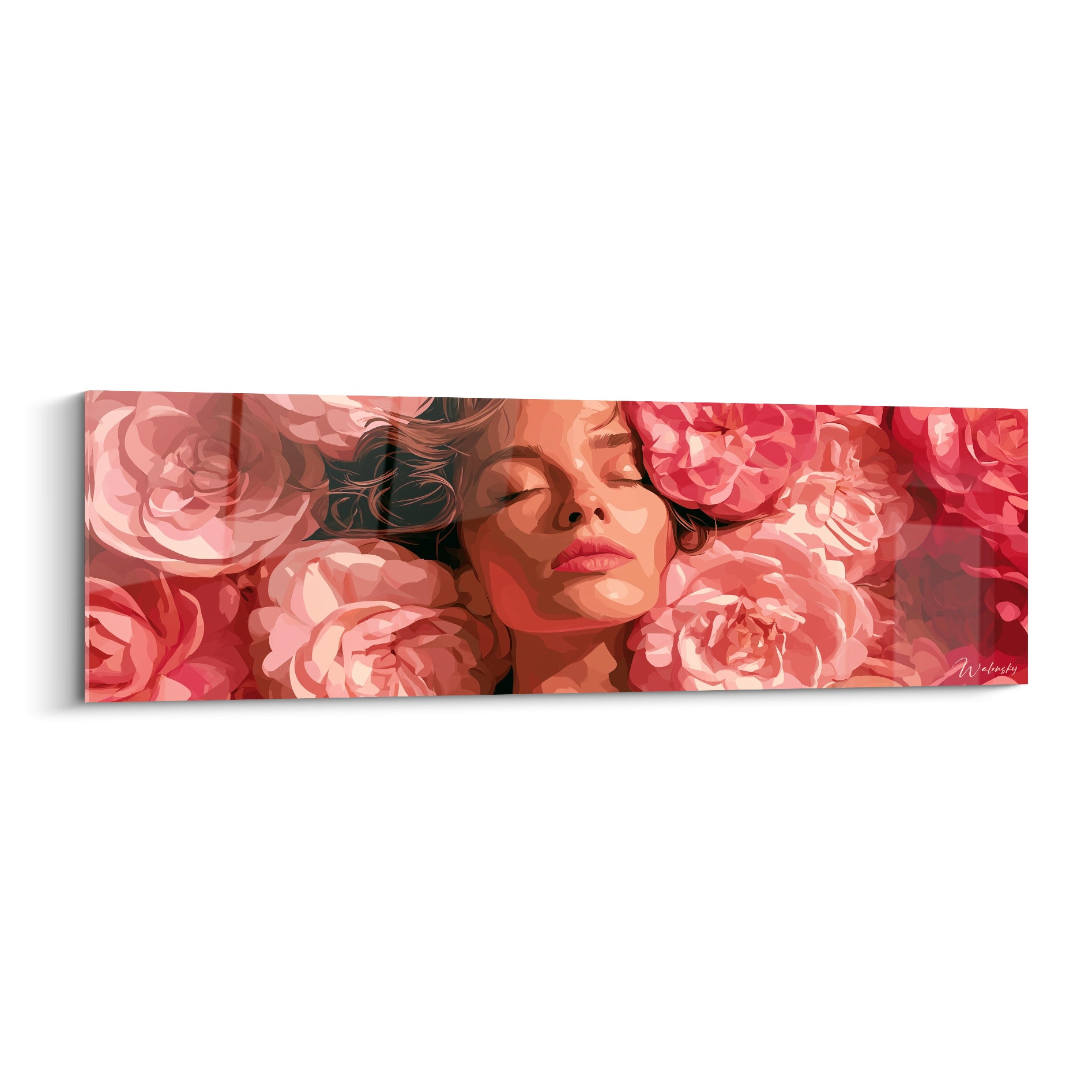 Camélia illustré : visage aux yeux clos niché parmi des pétales roses et corail intenses