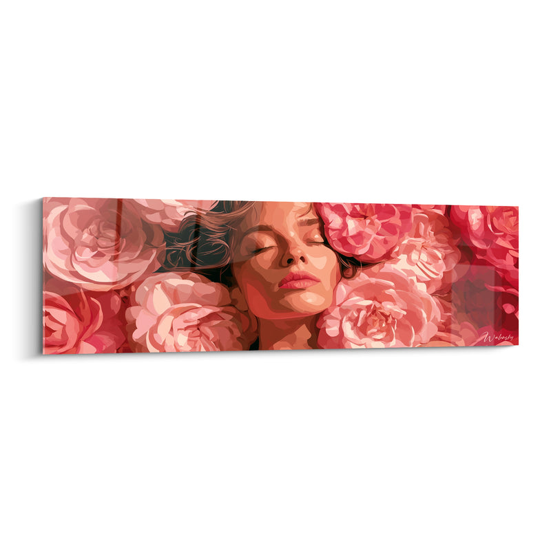 Tableau Visage endormi entouré de camélias roses - Sommeil fleuri - Edition Camélia