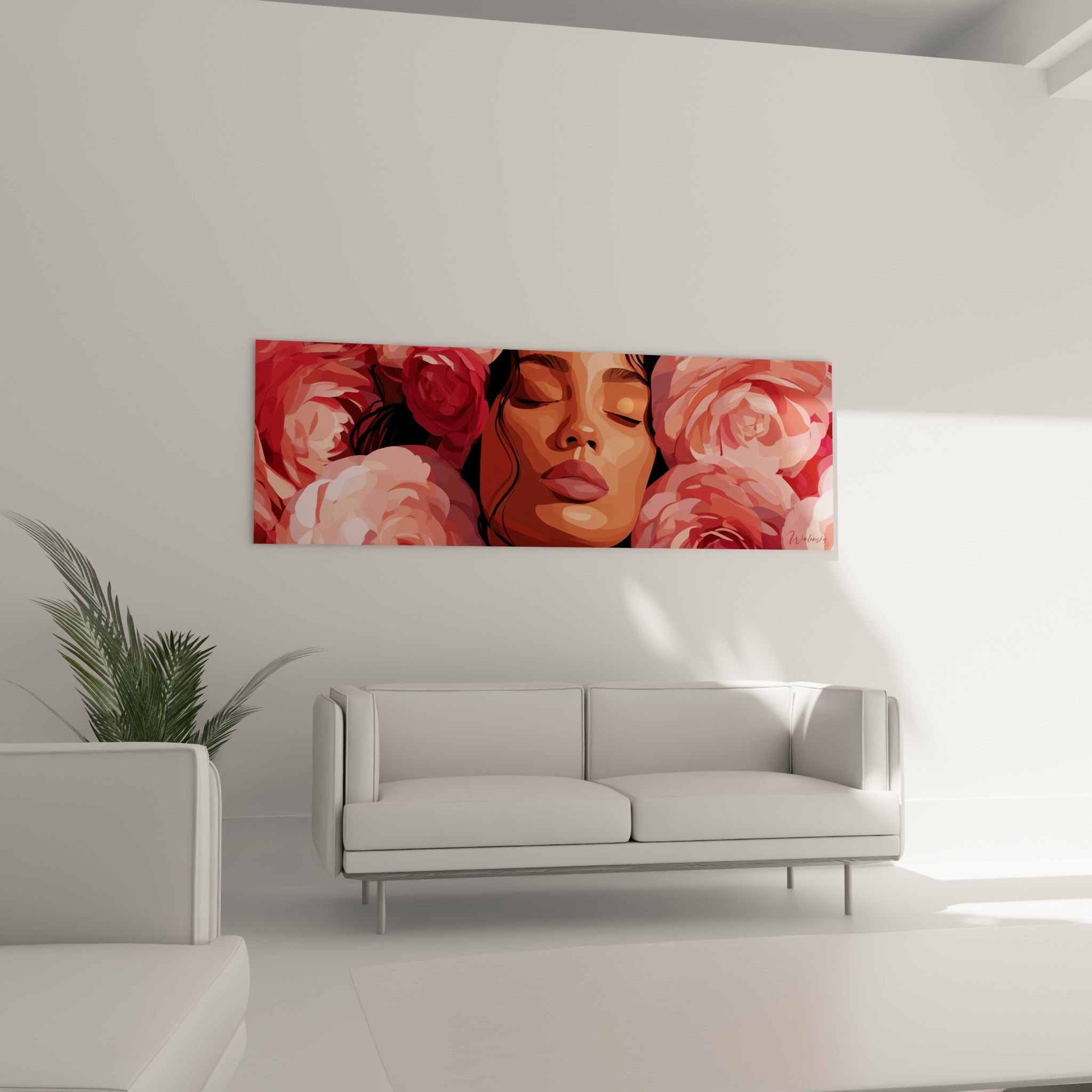 Femme endormie parmi des roses roses et bordeaux, disposée au-dessus d'un canapé dans un salon lumineux