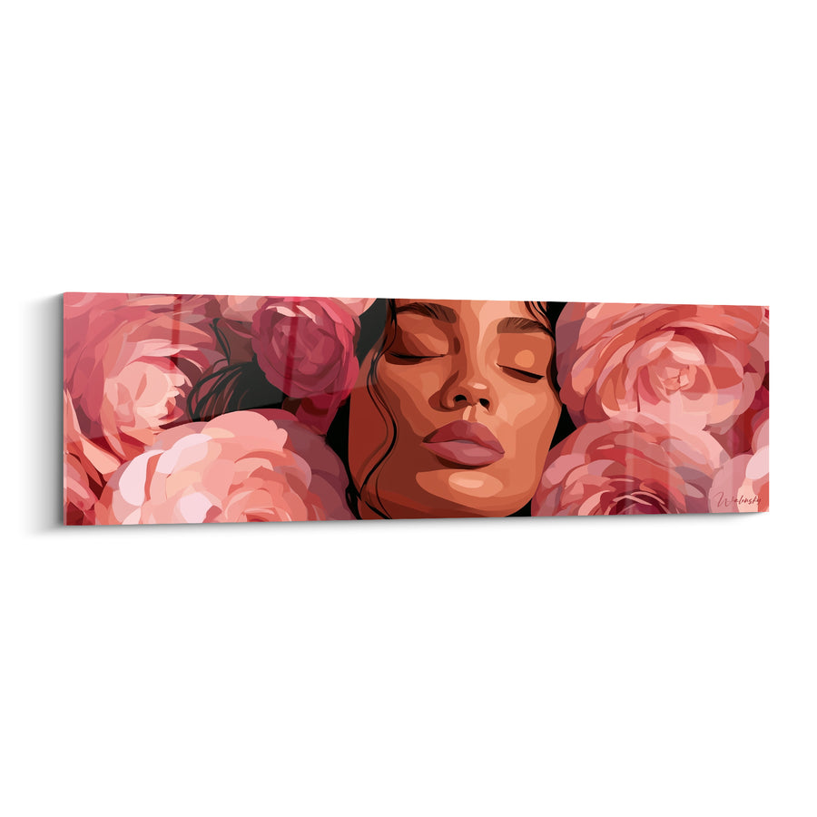 Tableau Visage endormi entouré de roses roses - Songe fleuri - Edition Camélia