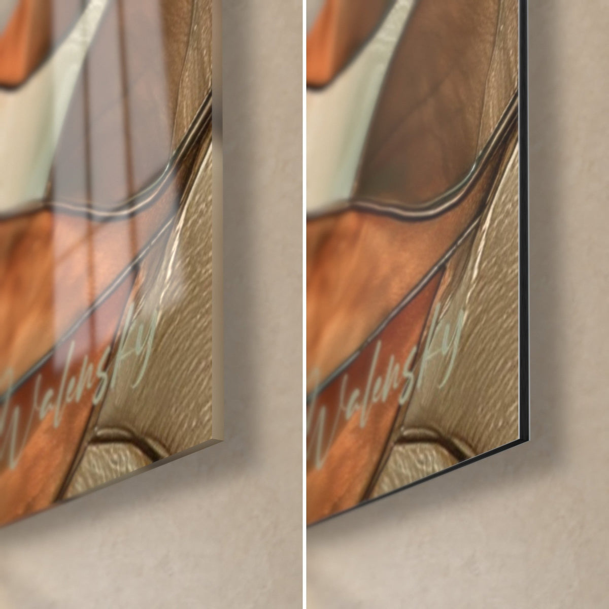 Wall art with a red camellia, bottom right detail: glossy glass on the left, matte Dibond on the right, copper and green leaf, 3 mm edge