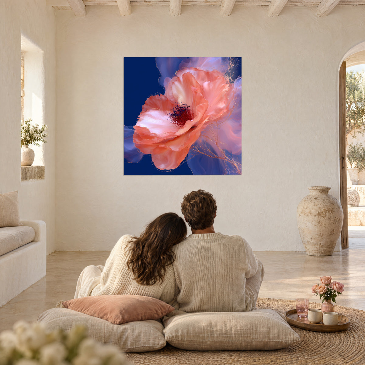 Wall art peach camellia with rosy nuances and copper threads on indigo background, in a large bright whitewashed living room