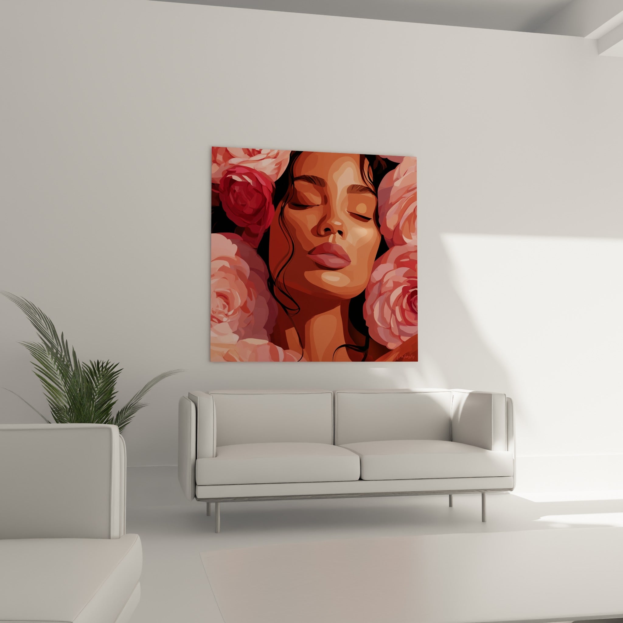Femme sereine nichée parmi des roses fuchsia et bordeaux, tableau camélia au-dessus d'un canapé dans un salon lumineux