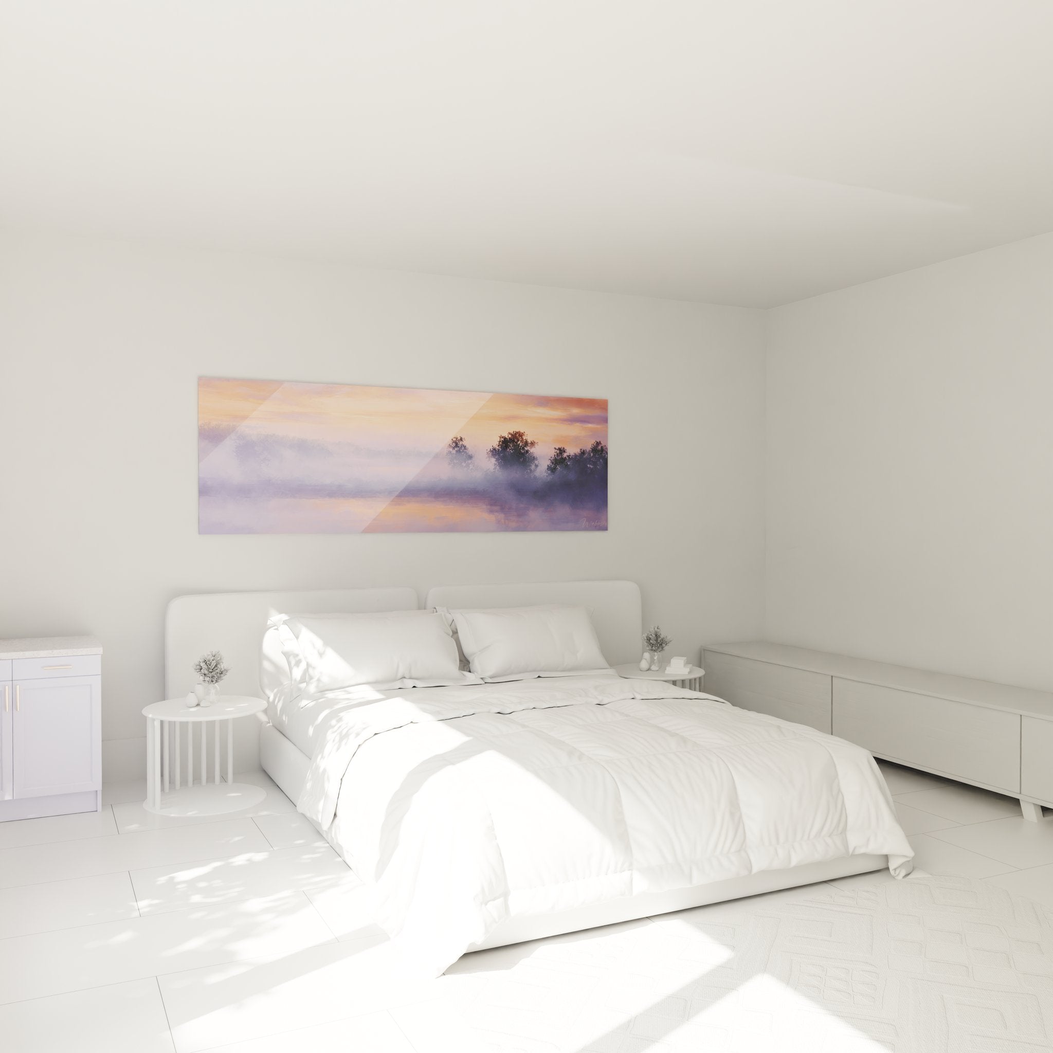 Tableau mural paysage brumeux campagne ambiance chambre décoration nature coucher soleil atmosphère apaisante