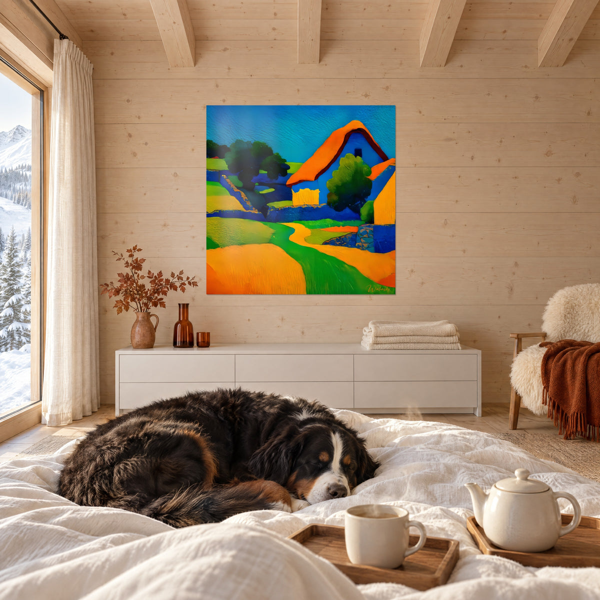 Cuadro de un valle con prados verdes y amarillos, casa azul con tejado naranja, árbol redondo de verde tierno, encima de una cama en un dormitorio luminoso