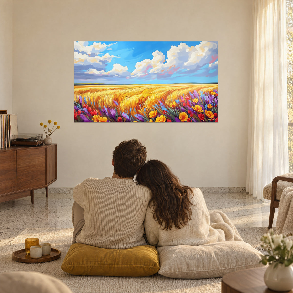 Cuadro paisaje de cosecha, nubes blancas en un cielo turquesa y flores púrpuras, contemplado por una pareja sentada sobre cojines