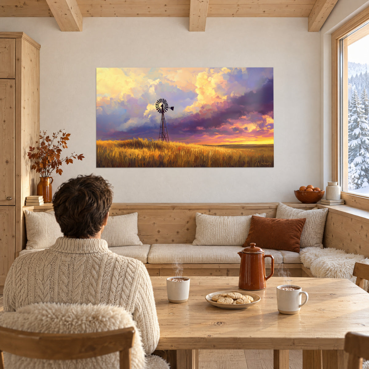 Schilderij van een windmolensilhouet tegen roze en indigokleurige stapelwolken, koperkleurig graan op de voorgrond, stel van achteren naast een houten tafel