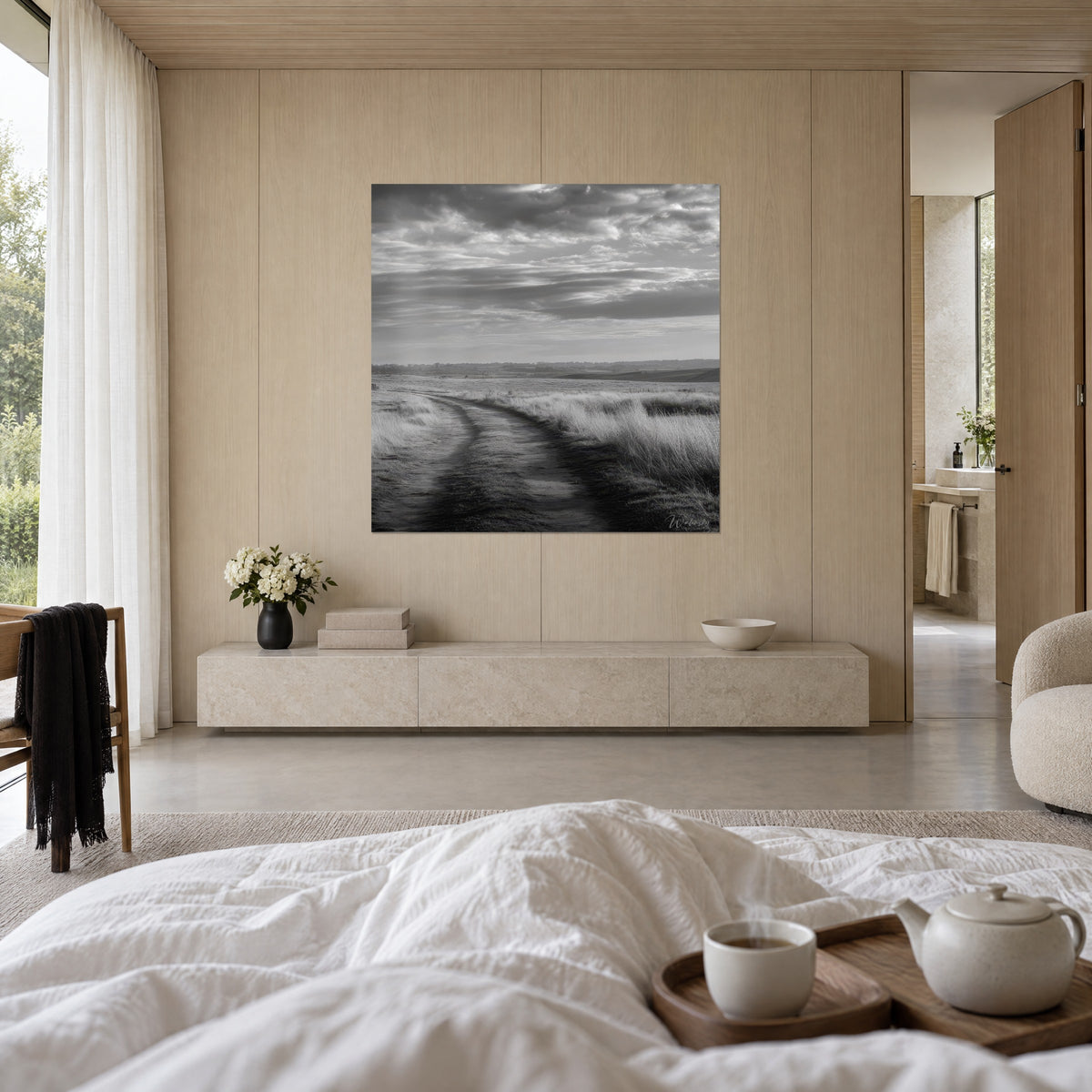 Wall art Country lane lined with frosted reeds, ash grey and mother-of-pearl white, low horizon, above a bed in a light bedroom