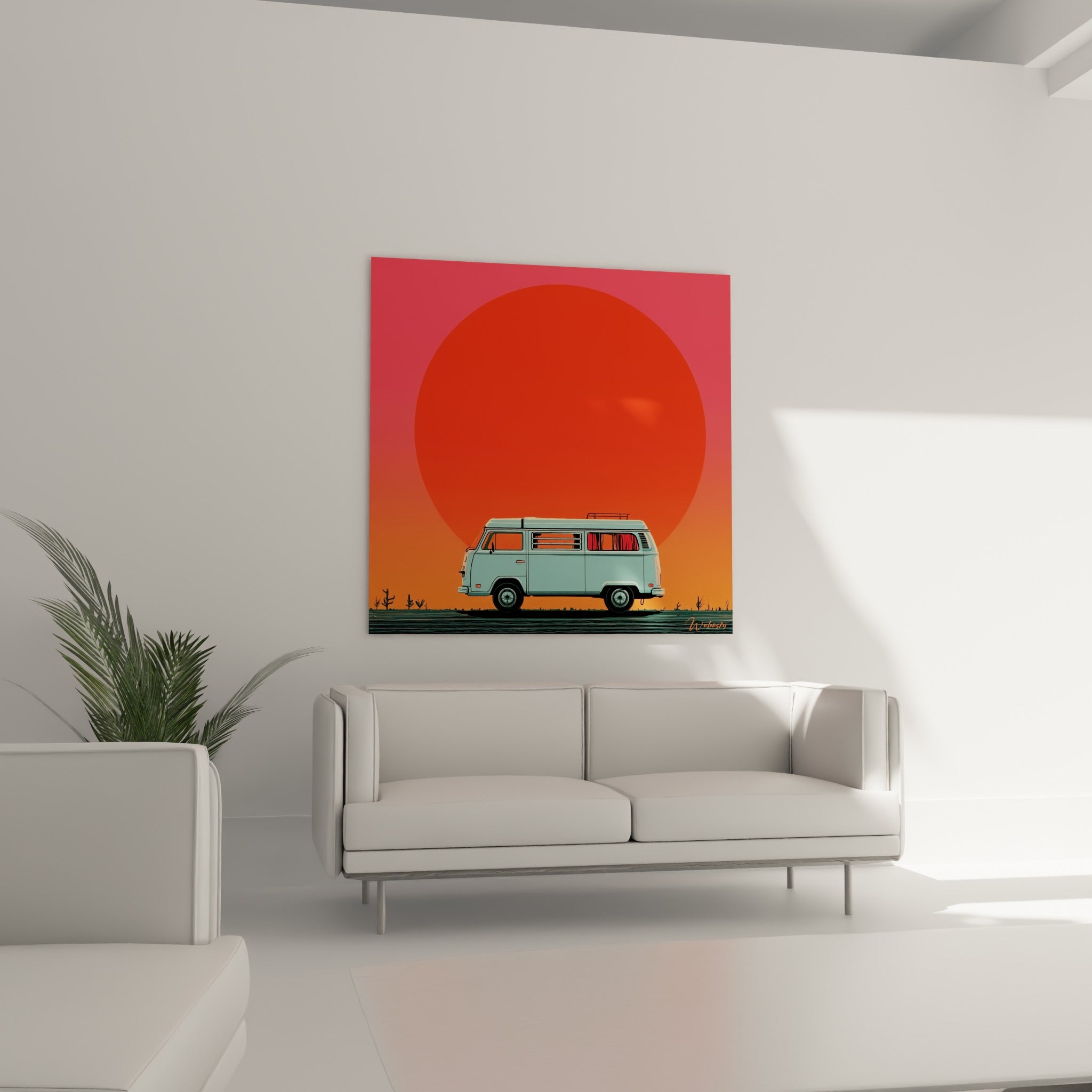 Van pastel roulant vers un horizon orange vif, accroché au-dessus d'un canapé dans un salon lumineux.