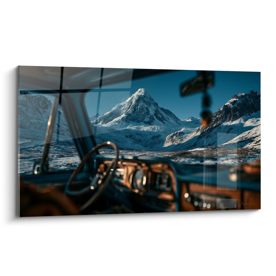 Tableau Habitacle vintage face aux sommets enneigés - Halte contemplative - Edition Camping car et van life