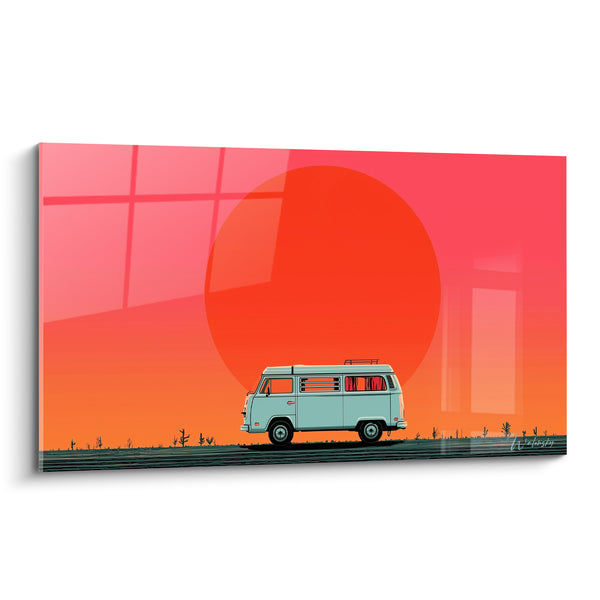 Tableau Van bleu pâle devant disque solaire rose et orange - Silhouettes de cactus épars - Edition Camping car et van life