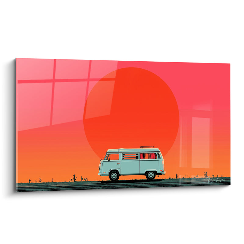 Tableau Van bleu pâle devant disque solaire rose et orange - Silhouettes de cactus épars - Edition Camping car et van life