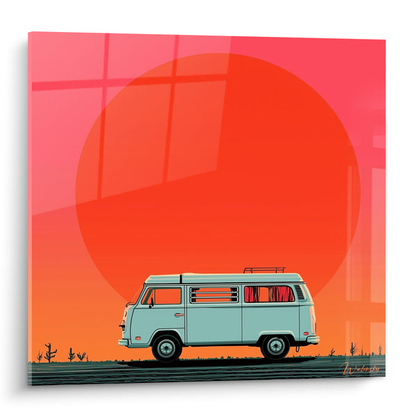 Van-Tischbild in Türkis vor rosa und rotem Sonnenscheibchen - Wüstencactus - Edition Wohnmobil und Vanlife