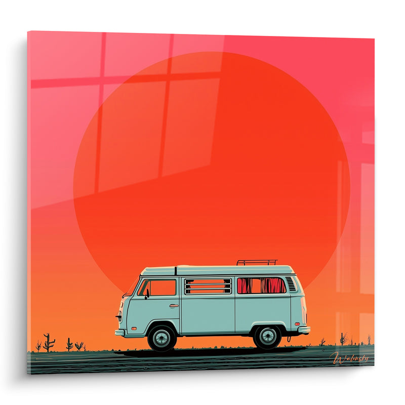 Tableau Van turquoise devant disque solaire rose et rouge - Cactus du désert - Edition Camping car et van life