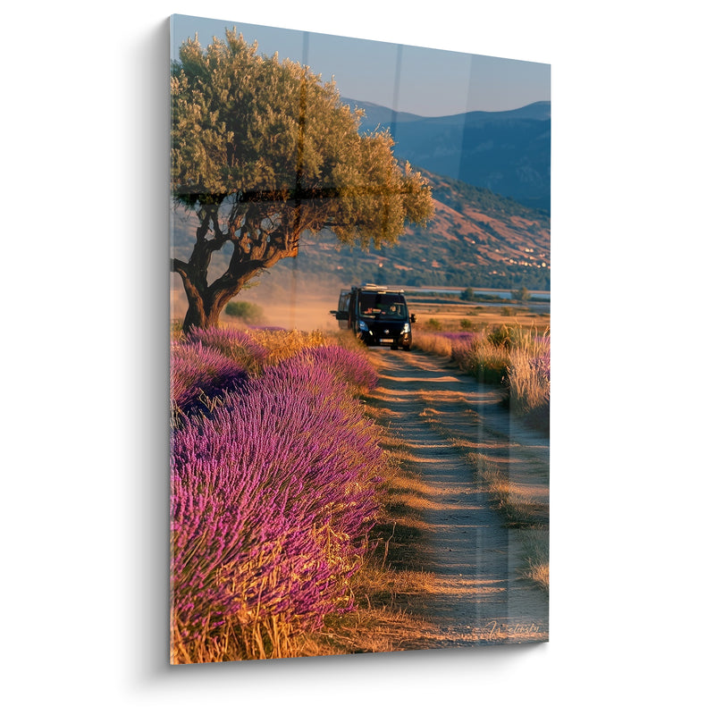Tableau Van noir sur chemin lavande - Échappée buissonnière - Edition Camping car et van life