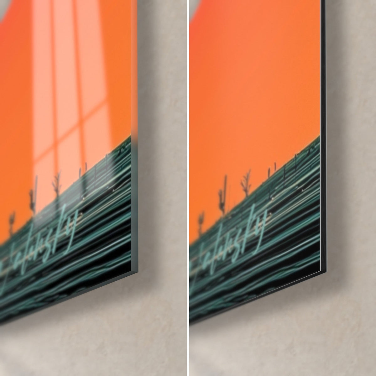 Tableau minibus rétro bleu pâle et ciel orange vif, coin bas droit : verre acrylique brillant à gauche, Dibond mat à droite, tranche de 3 mm
