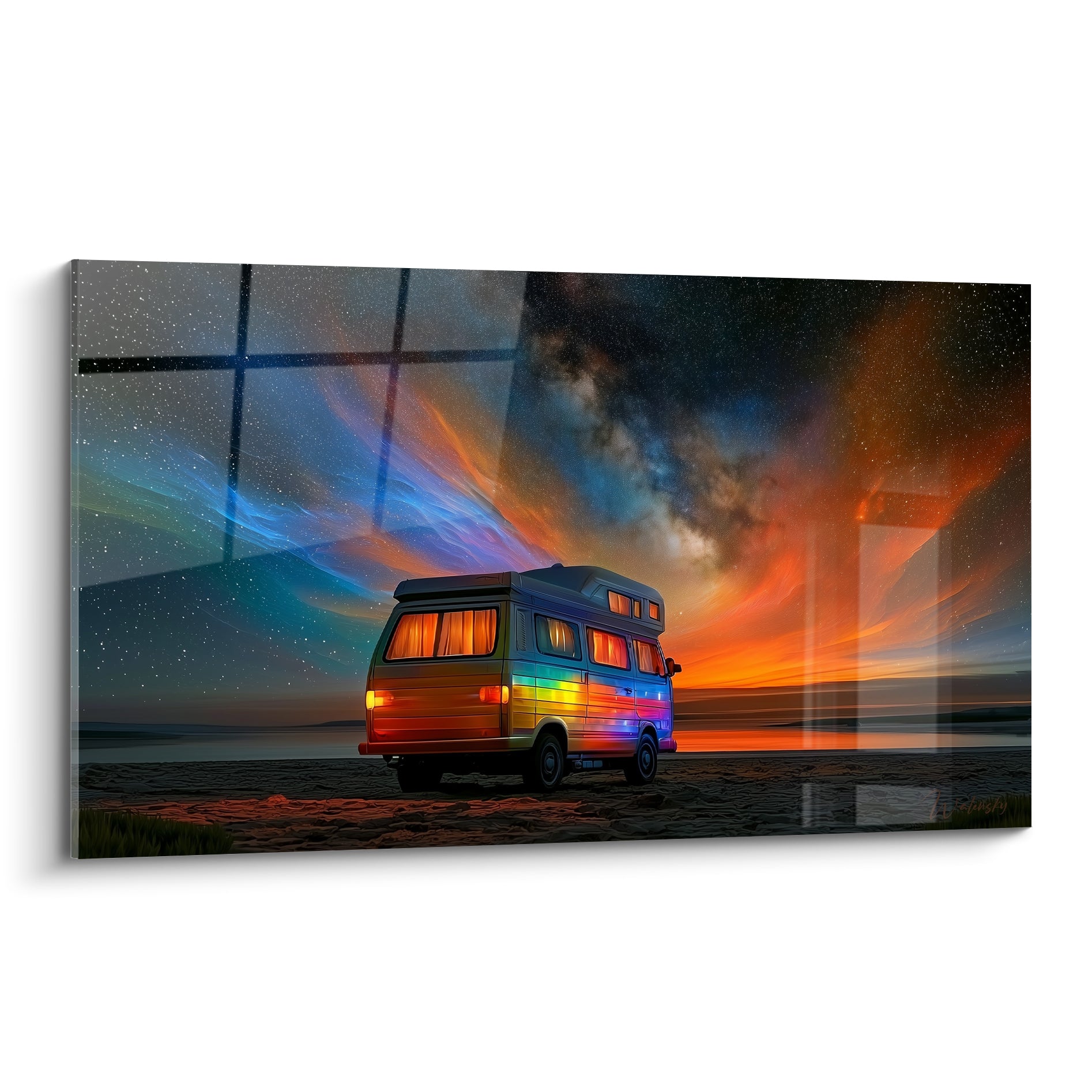 Van coloré roulant sous un ciel étoilé bleu et orange, lumières arc-en-ciel sur la carrosserie
