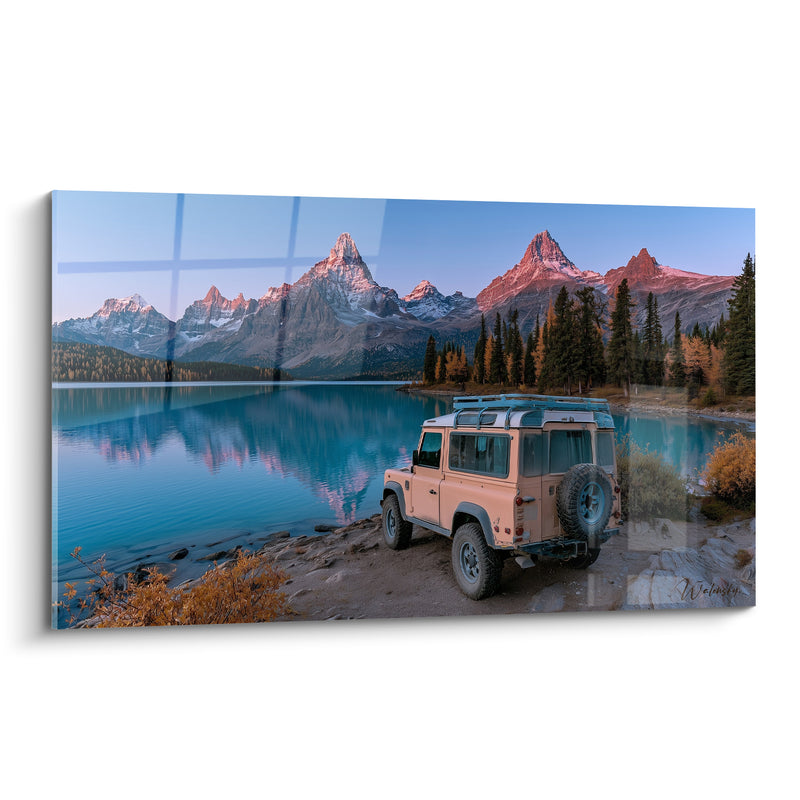 Tableau 4x4 beige lac turquoise montagnes rosées - Halte au lever du jour - Edition Camping car et van life
