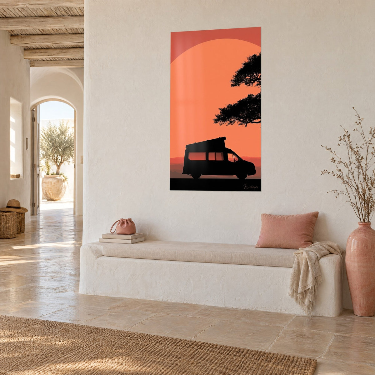 Wall art converted van with raised roof, black shadow against a coral solar disc and rust sky, white bench seat, Mediterranean house