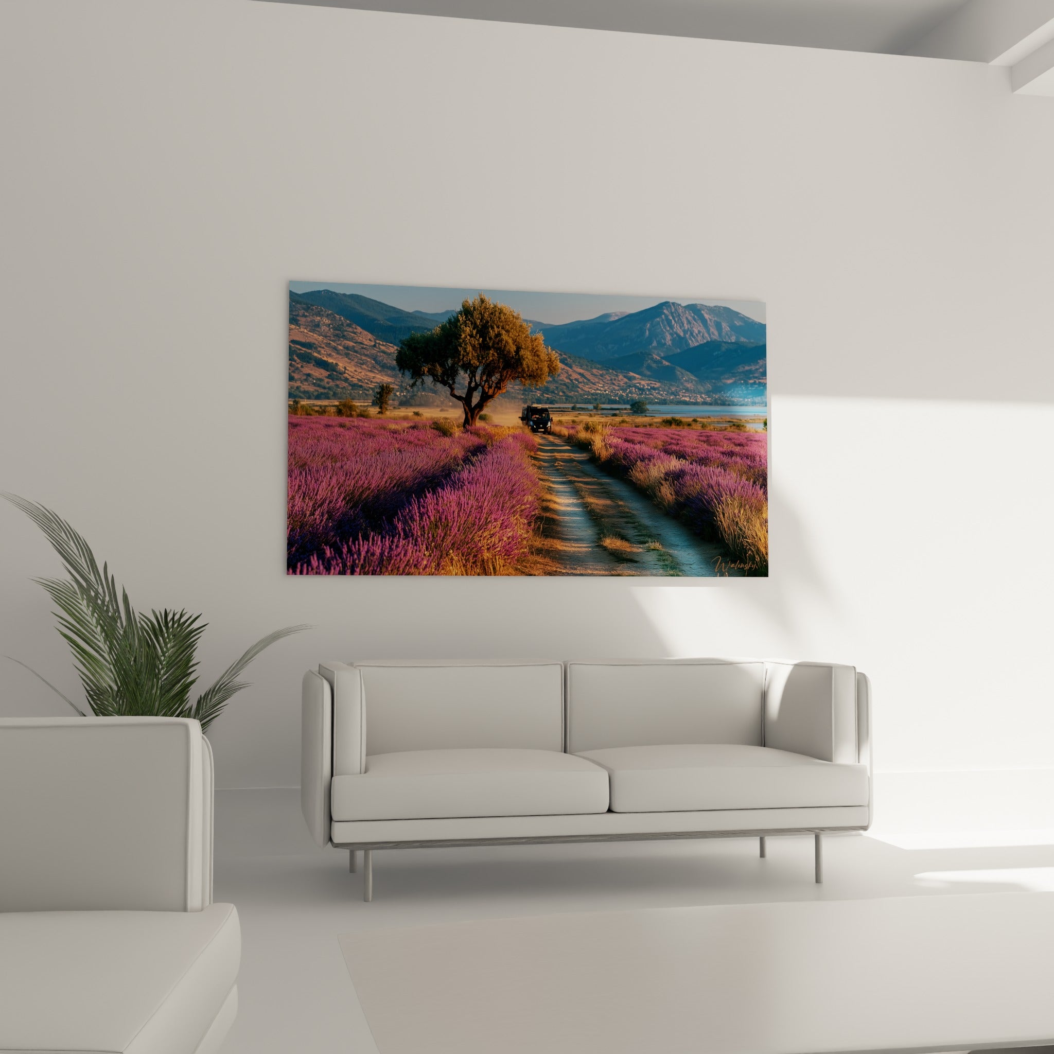 Chemin de terre ocre bordé de lavande violette et montagnes bleutées, au-dessus d'un canapé dans un salon lumineux