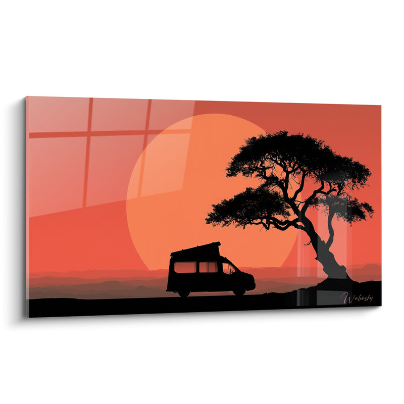 Tableau Van noir sous acacia solitaire orange - Silhouette d'acacia savane - Edition Camping car et van life