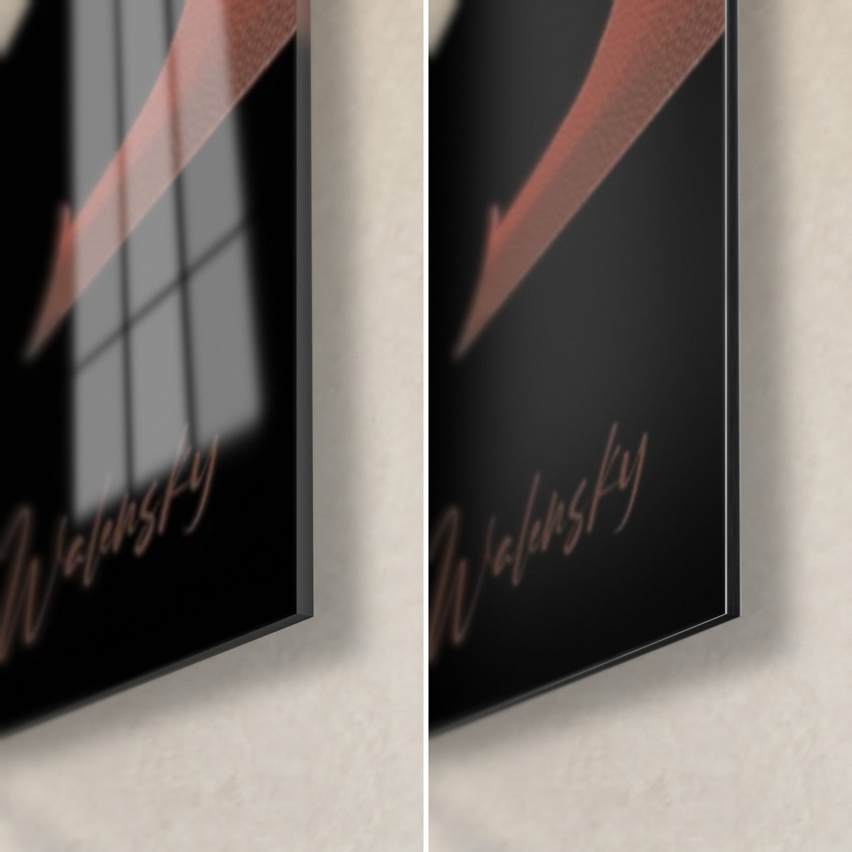 Wall art black van with raised roof under an orange sky, bottom right corner: glossy acrylic glass on the left, matte Dibond aluminium on the right