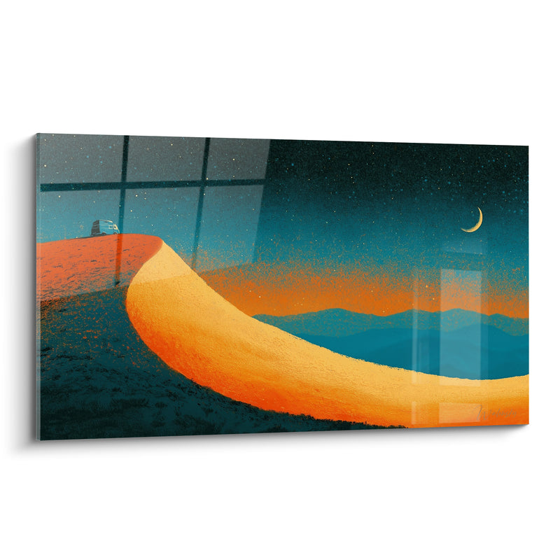 Tableau Van sur dune ocre et bleu nocturne - Halte nocturne - Edition Camping car et van life
