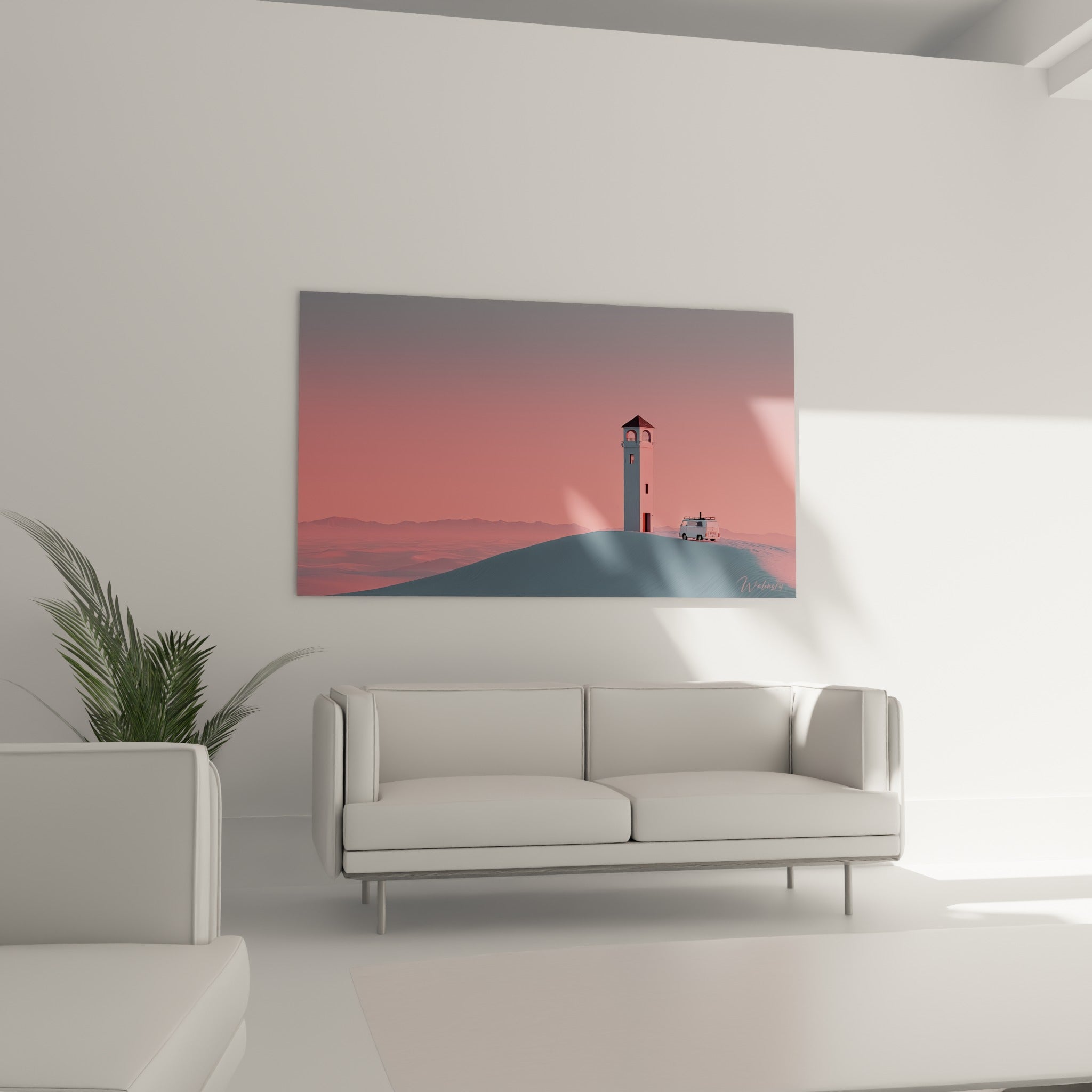Dune rose pâle et tour blanche sous ciel gris bleuté, accrochées au-dessus d'un canapé dans un salon lumineux