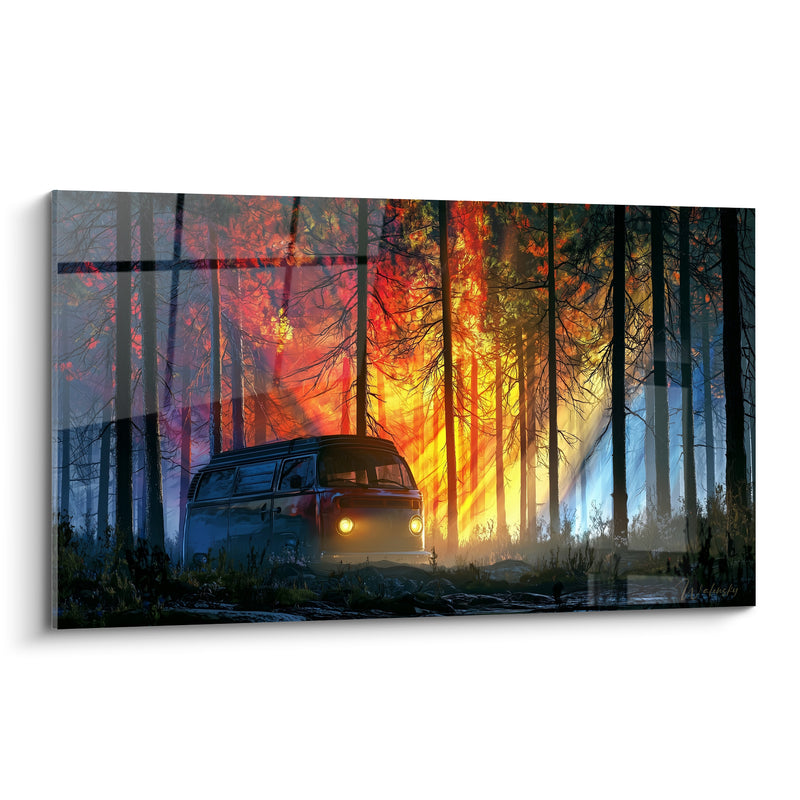 Tableau Van bleu forêt embrasée phares allumés - Halte nocturne flamboyante - Edition Camping car et van life