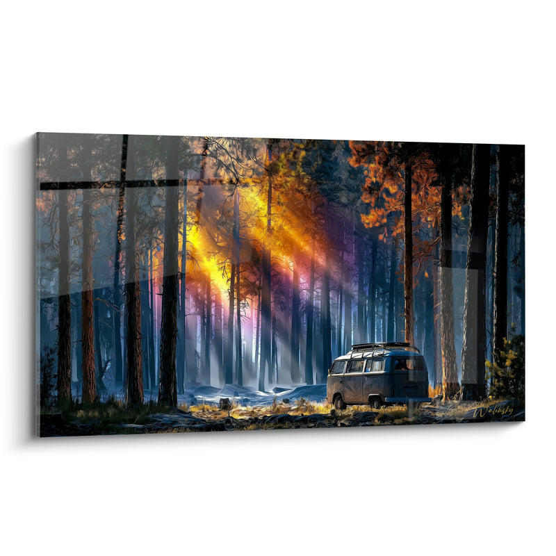 Tableau Van bleu forêt aux rayons dorés - Halte enchantée - Edition Camping car et van life