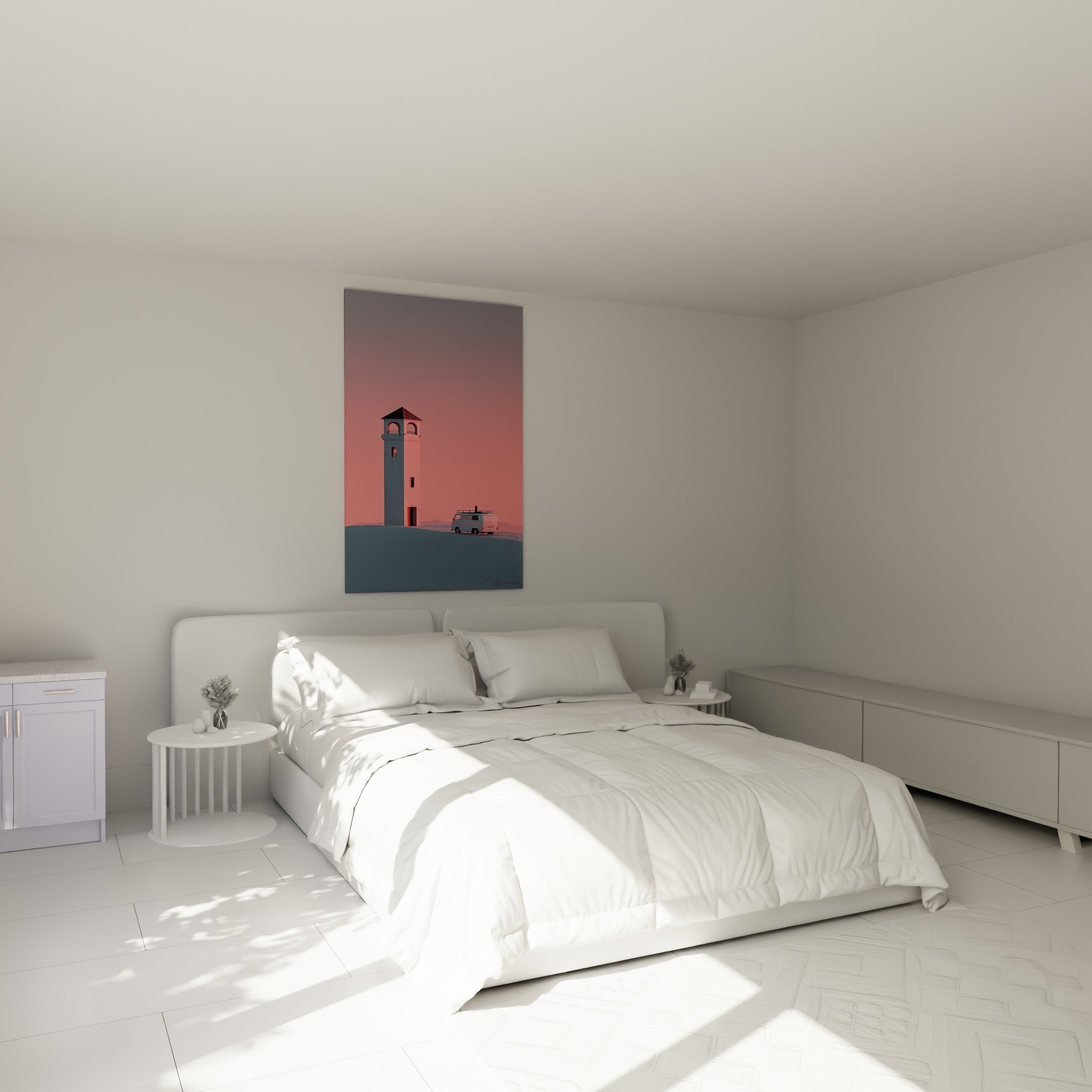 Fourgon gris et tour rose pastel sous ciel crépusculaire, accrochés au-dessus d'un lit dans une chambre claire